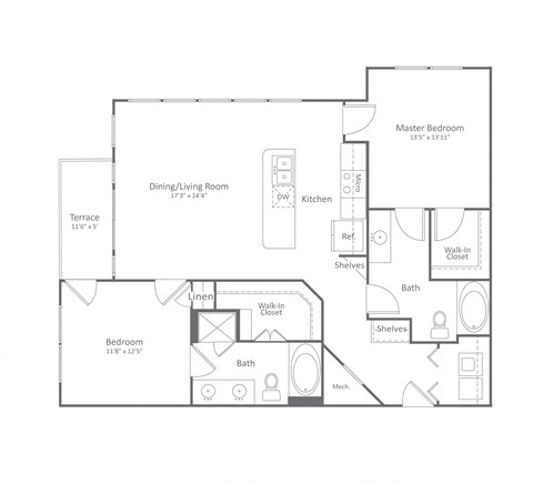 Floor plan for 2 beds, 2 baths, 1202 sqft